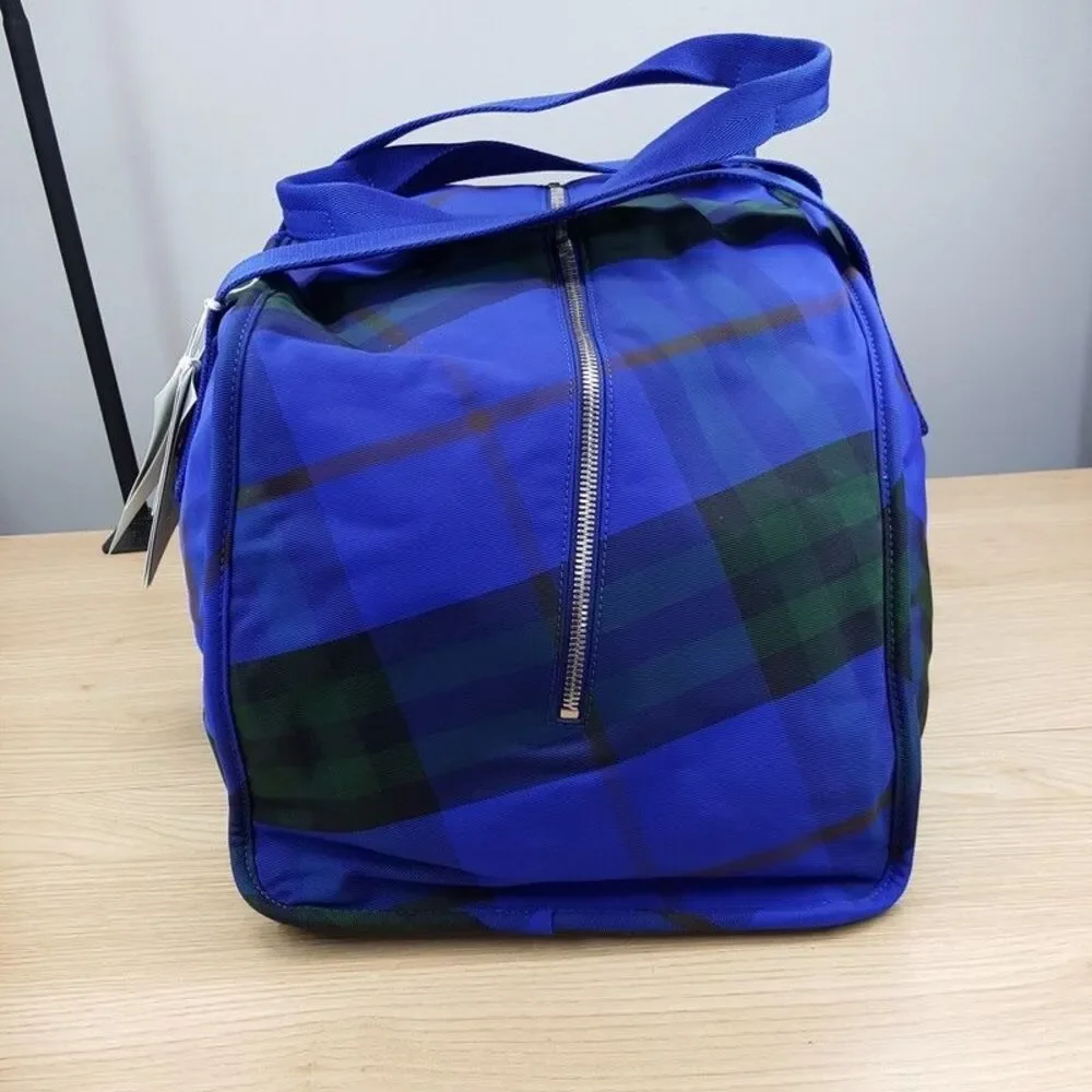 BURBERRY Duffle Bag Blue Nylon Shield Check Plaid Authentic Unisex $2050